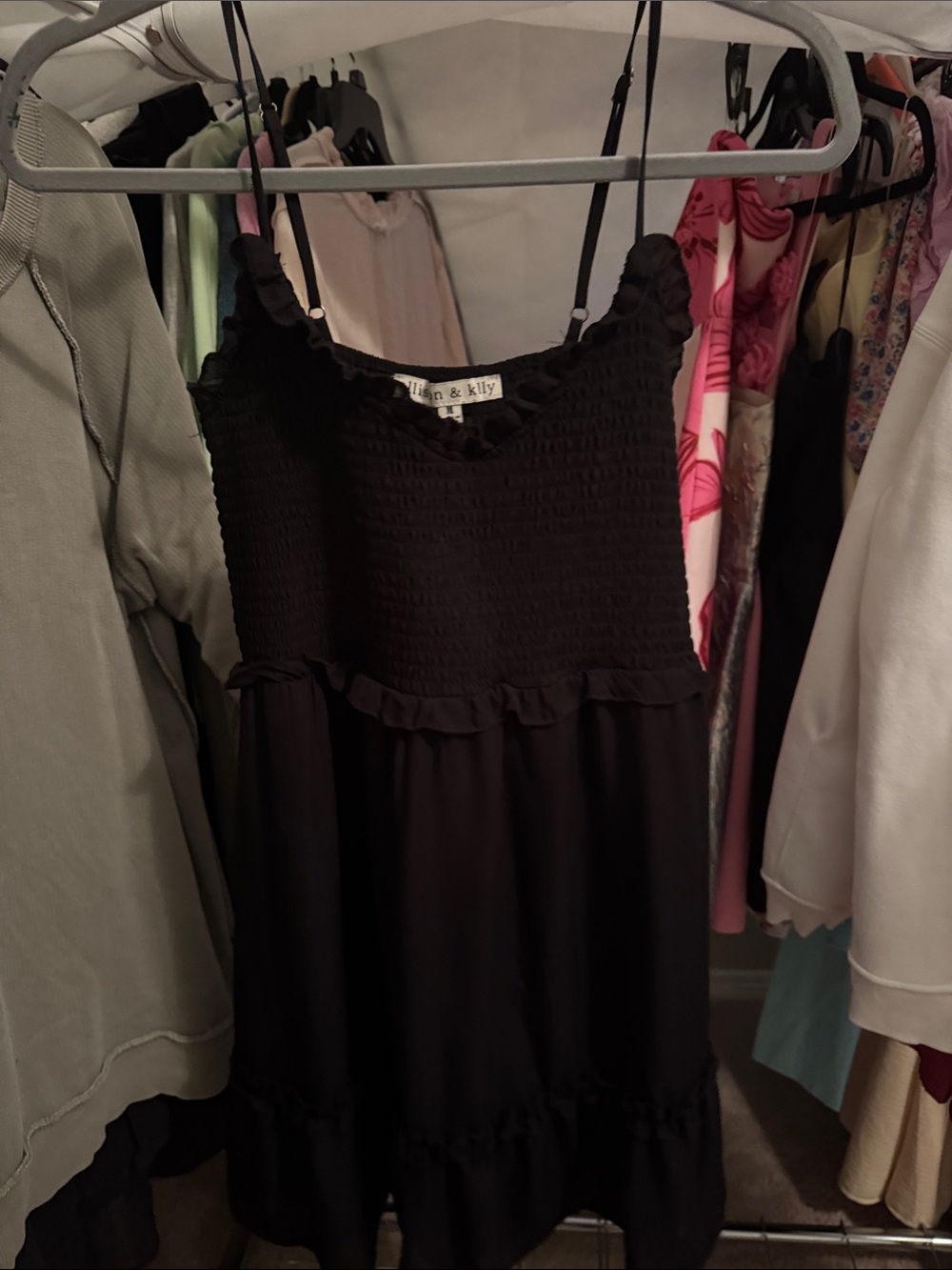 Smocked Ruffle-Trim Black Mini Dress by Linen & Lily